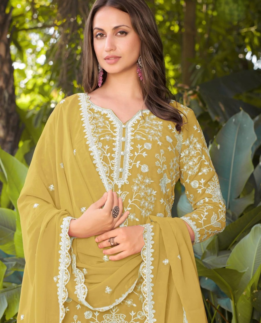 YELLOW - Graceful Yellow Bead Embroidery Georgette Haldi Wear Palazzo Suit